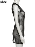 Kliou Mesh Bundled Mini Dress Women Sexy Low V-Neck Sleeveless See Through Bodycon Midnight Style Party Clubwear Female