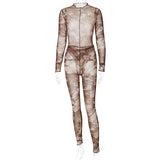 2021 Long Sleeve Print See-Through Ruched Bodysuit Pencil Pants 2 Pieces Set Sexy Summer Women Streetwear Club
