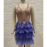 Quality Pink White Feathers Rayon Bandage Dress Elegant Night Club Party Dress