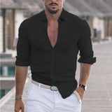 New Men's Summer Cotton-Blind Beach Shirt Long Sleeves Solid Hawaiian Holiday