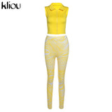 Kliou Casual Two Piece Set Women Sporty Sleeveless Crop Top+Skinny Print Leggings Matching Outfit Female Concise Cool