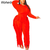 Elegant Women's Set Long Sleeve T-shirt and Tassel Pants Suit Autumn Winter Active Tracksuit Two 2 Piece Set Outfits-Outfit