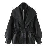 Fashion Collar Design Lantern Sleeve Imitation Leather Jacket Woman In Autumn