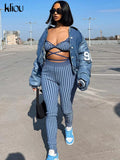 Kliou Striped Print Two Piece Set Women Sexy V-neck Bandage Backless Bra Tops+Mid Waist Stretchy Sheath Pants High Street