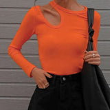 Woherb New Irregular Hollow Long Sleeve T-Shirt Women's Round Collar Solid Color Slim Bottom Top-Outfit