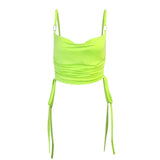 Women Sexy Camis Crop Top Summer Chain Frill Drawstring Neon Green Camisole 2021 Summer Casual Club Streetwear