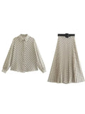 2023 Summer Women 2 pieces sets Suits Fashion Print Shirts Tops and Skirts Female Elegant Street Satin Suit Clothing-Outfit