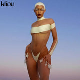 Kliou Mesh Patchwork Bodysuit Women Sexy See Through Halter Backless Panelled One Piece Female Elastic Summer Swimsuit