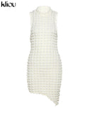 Kliou Stacked Solid Mini Dress Women Fashion Sleeveless Irregular Shape Stunning Body-Shaping Skirt Party Clubwear Female