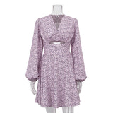 Woherb Women's Wear 2023 Summer New Fashion Long-Sleeved V-Neck Careful Machine Dress Print Show Thin French Skirt-Outfit