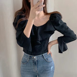 Ruffled Tops And Blouses Autumn Fall Basic Wear Flare Sleeve Chic Korean Fashion Shirts Black Off Shoulder Women Top