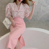 Women Sets Tie Dye Shirts Puff Sleeve Mid-calf Skirts Side-slit High Waist Slim Hot Elegant Temperament Streetwear Sweet
