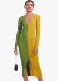 Contrast Color Commuting Button V Neck Long