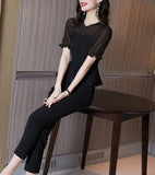 Plus Size Summer New Slim Women Sets Chiffon Blouse And Pants Female