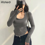 Women Korean Fashion y2k Casual T-shirts Clothes Spring Autumn Solid Slim Fit Pullover Long Sleeve Tees Bodycon Shirts Tops 2022-Outfit