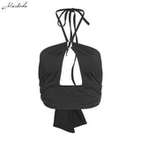 Black Sexy Hollow Out Crop Top Women Sleeveless Halter Slim Backless Clothing Fashion Party Lady Solid Tank Top 2020