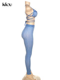Kliou Striped Print Two Piece Set Women Sexy V-neck Bandage Backless Bra Tops+Mid Waist Stretchy Sheath Pants High Street