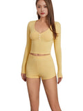 Women's Sexy Low-Chest V-Plate Fastening Long-Sleeved Top Fashion Sports Style + Super Shorts