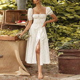 Vintage Floral Dress Women Summer Square Collar Puff Sleeve Long Dress Sexy Off Shoulder Side Split A-line Dress