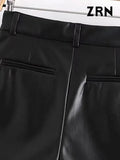 ZRN-Women's Faux Leather Shorts with Side Pockets, High Waist, Zipper Fly, Female Short Pants, Chic Fashion-Outfit