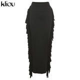 Kliou Side Tassel Women Skirt Elegant Unique Robe Straight Skinny Hight Waist Stretchy Hot Streetwear Style Female