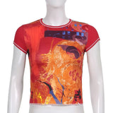 Retro Tie Dye Graphic Print T-shirt E-girl Gothic Women Short Sleeve Slim Fit Crop Top Female Summer Basic Sweats
