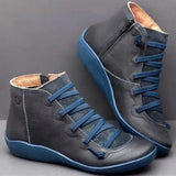 Winter Women Ankle Boots Retro Punk PU Leather Plush Snow Boots Casual Strap Slip-On Waterproof Flat Shoes Short