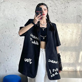 Gothic Women Thin Blazers Summer Short Sleeve Loose Button Up Black Long Jacket Streetwear Fashion Letter Print Coats