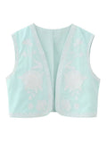 Floral Embroidered Women's Short Waistcoat Chic V Neck Sleeveless Cropped Cardigan 2024 Summer Female Party Fashion Tops-Outfit