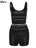 Kliou Biker Shorts Two Piece Set Women Hipster Patchwork Letter Print Sleeveless Sheath Top+Minimalist All-Match Slim