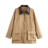 Spring And Autumn Collar Bumping Big Pocket Velvet Long Coat Women's