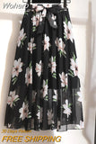 Spring Summer Women Midi Skirt Chiffon Floral Printed Skirt High Waist Casual Bohemian Beach Fashion Casual Skirts QT118-Outfit