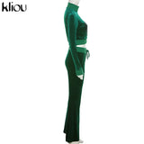 Kliou Solid Velour Two Piece Set Women Simple Casual Zipper Long Sleeve Turtleneck Top+Bandage Lace Slim Female Wide Leg