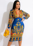 Print Ethic Deep-V Puff Sleeve Elegant Midi