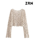 Women Fashion Cropped Semi-sheer Crochet Knit Sweater Sexy O Neck Long Sleeve Female Pullovers Chic Tops-Outfit