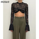Lace See Through Petal Long Sleeve T-shirt Women Hollow Out O Neck Slim Patchwork Top Sheer Tees Fashion Streetwear-Outfit
