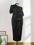 Shoulder Sexy Dresses Big Size 4XL Short Sleeve Midi Length Bodycon Women Eveing Birthday Party Robes with Bowtie 2022