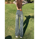 Woherb Tall Waist Straight Leg Jeans Female Spring Autumn New Pear-Shaped Figure Retro Show Thin Feeling Wide Leg Pants-Outfit