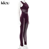Kliou High Street Two Piece Set Women Scratching Shape Mesh Sleeveless Short Top+Sexy Sheath Slim High Waist Female
