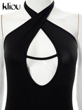 Kliou Baddie Style Jumpsuit Women Charming Sexy Middle Ribbons Cleavage One Pieces Sheath Sleeveless Halter Lace Up Clubwear