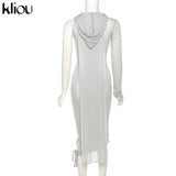 Kliou Knitted Dress Women Sexy See Through X-Long Hoody Tops+One Shoulder Drawstring Ruched Robe Skirt Hipster Future
