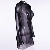 See Through Transparent Hollow Out Dress Women Mock Neck Sexy Bodycon Club Partywear Slim Stretchy Solid Mini