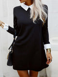 Dresses for Women Color Block Long Sleeve MIni Dress Autumn Office Ladies Elegant Turn Down Collar Casual Short Shirt Dress