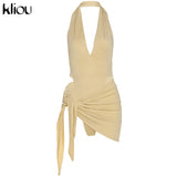 Kliou Solid Deep V sexy Two Piece Sets Midnight Club Halter Top And Skirt Backless Summer Partywear Hollow Out Ruched Women