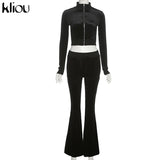 Kliou Solid Velour Two Piece Set Women Simple Casual Zipper Long Sleeve Turtleneck Top+Bandage Lace Slim Female Wide Leg