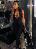 Kliou Baddie Style Jumpsuit Women Charming Sexy Middle Ribbons Cleavage One Pieces Sheath Sleeveless Halter Lace Up Clubwear