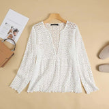 Lace Crochet Blouse Women Summer O Neck Tops Holiday Beach Cover Up Shirt Stylish Solid Hollow Out Blusas Oversized