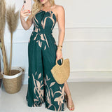 Women Fashion Elegant Sleeveless Partywear Jumpsuits Overalls Formal Party Romper Print Halter Slit Wide-legs Party