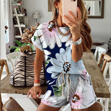 Set Summer Tie Dye Short Sleeve Top Shirt Loose And Biker Shorts Casual Two Piece Set Streetwear Outfits