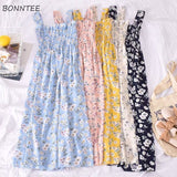 Women Sweet Girls Retros Floral Basic Sundress Summer Spaghetti Strap Mid-calf Stretchy A-line Causal Holiday